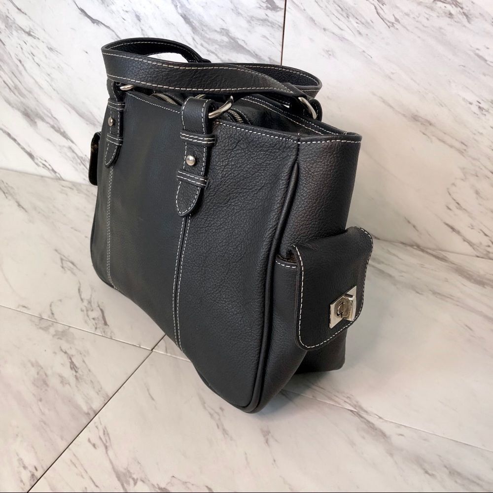 AmeriLeather Stitched Contrast Black Top-Handle Bag Leather Commuter Satchel